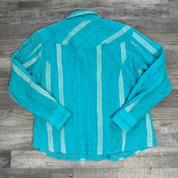 Scully Teal Women's Western Pearl Snap Long Sleeve Top Ruffles Lace N25 - Picture 5 of 5